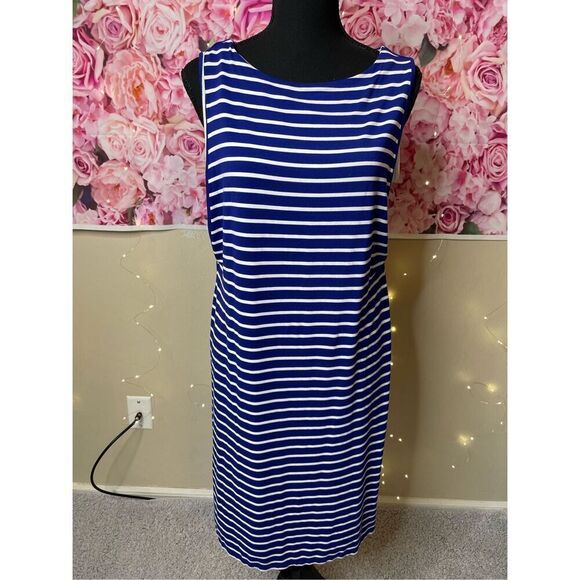Chico's Shift Crew Neck Blue & White Colorblock Striped Sleeveless Shift Midi Dr - Picture 1 of 11
